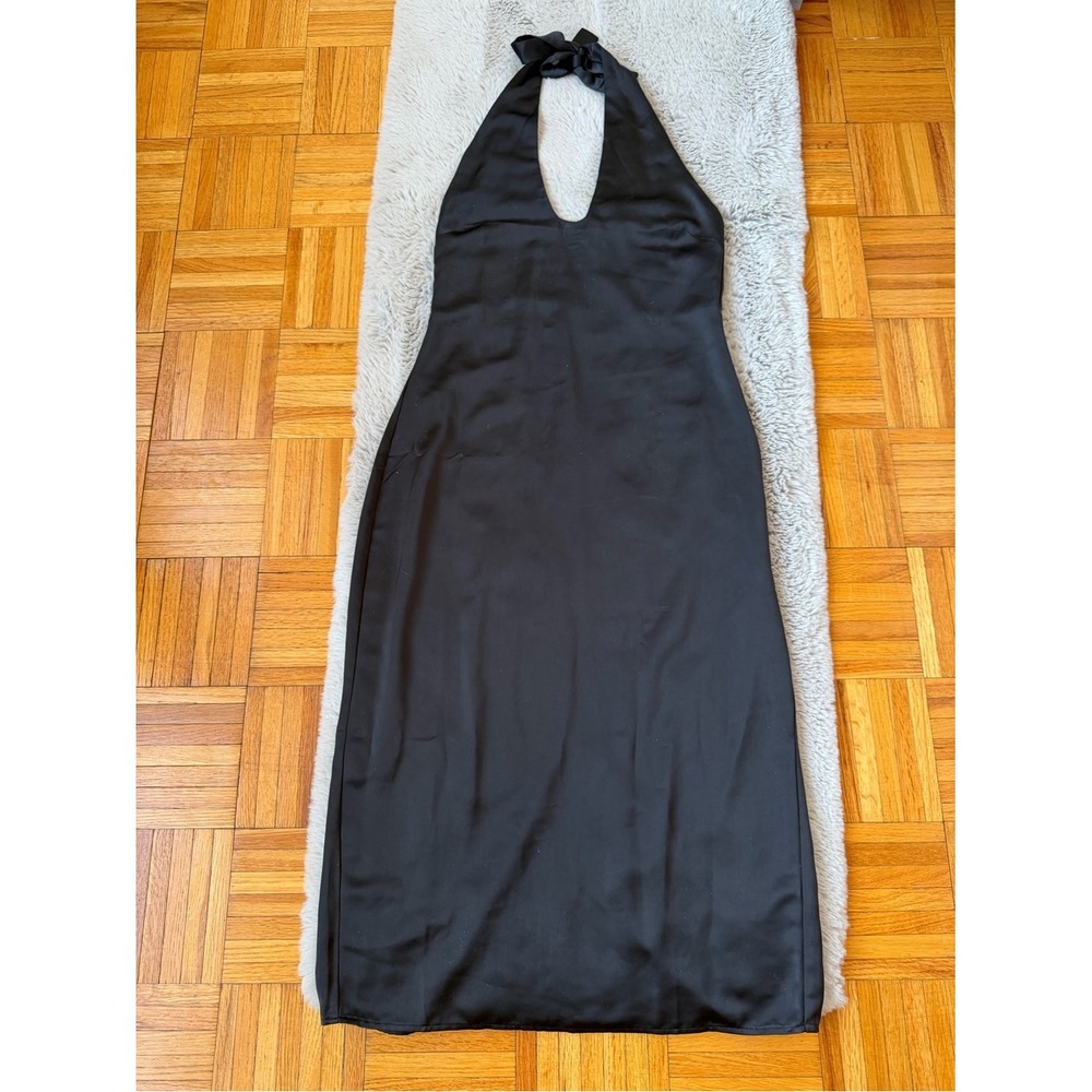 JASON WUBlack Satin Halter Midi Dress S Silk Blend Deep V-Neck Slip Evening - Picture 7 of 9